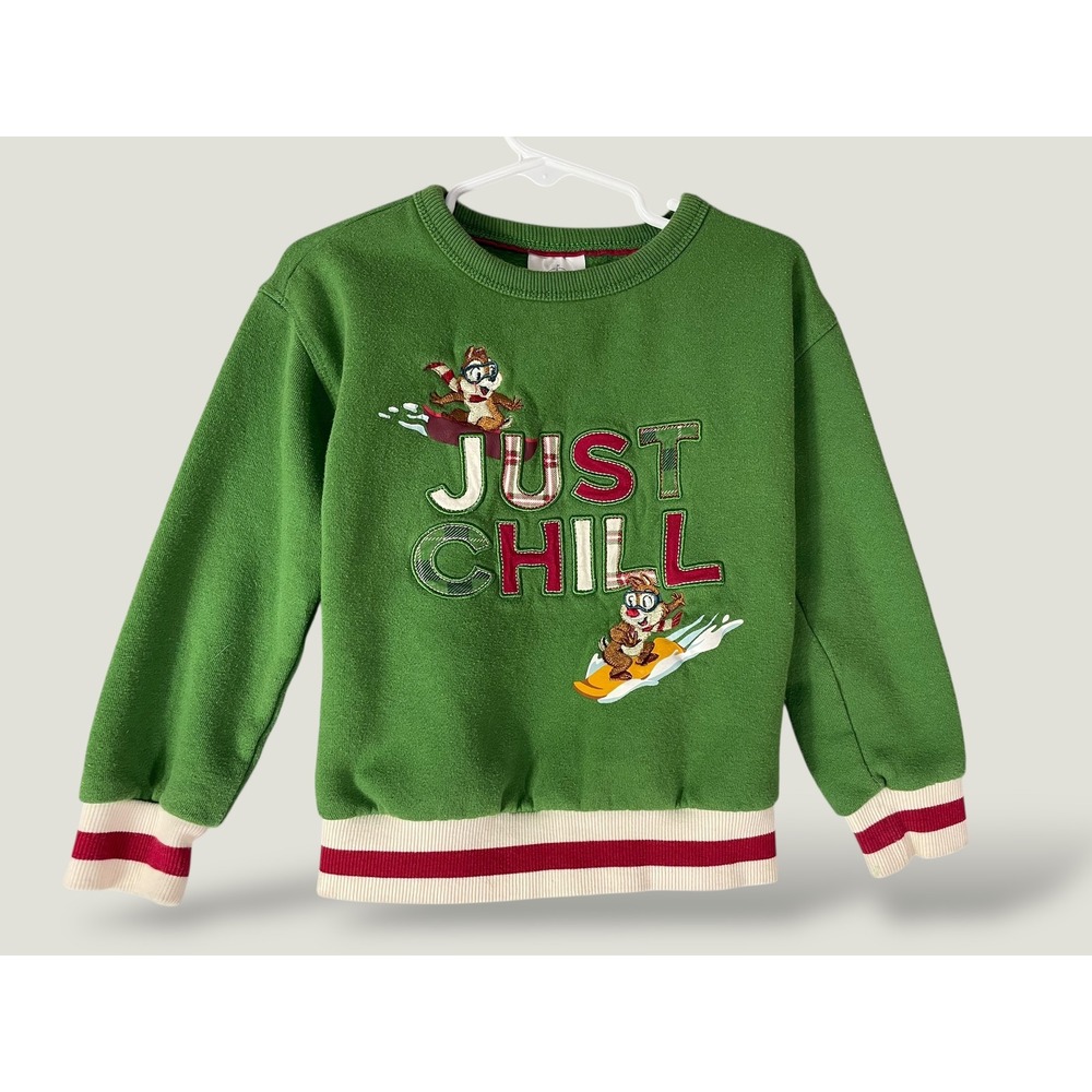 Disney Christmas Chip n Dale Just Chill Kids Holiday Sweatshirt Green 4T